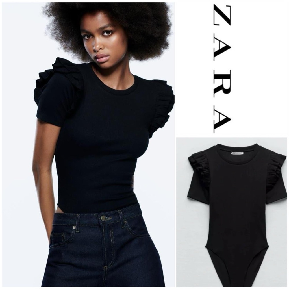 Zara Ruffle Sleeve Black Ribbed Bodysuit Size - NWOT